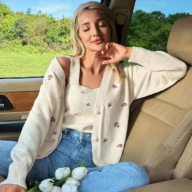 RueChic Embrodery Flower Detail Cardigans And Embrodery Knit Top Women Sweater Co-Ords