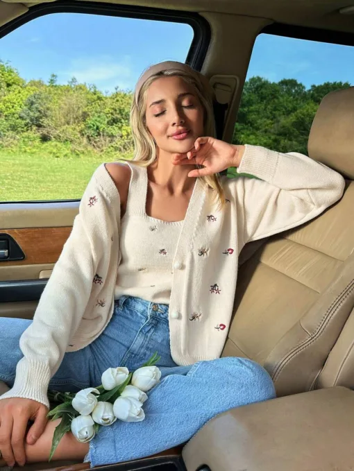 RueChic Embrodery Flower Detail Cardigans And Embrodery Knit Top Women Sweater Co-Ords