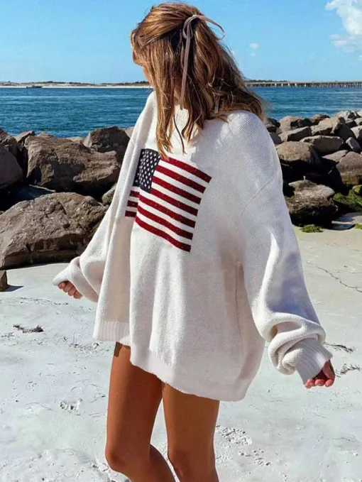 Chiquease Usa Flag Design Drop Shoulder Sweater,Long Sleeve Tops