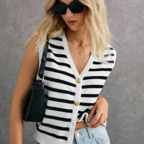 Poéselle Women Casual Striped Pattern Sleeveless Cardigan Sweater Winter Women Outfits Women Cardigan Stripe Effortless Chic Essential