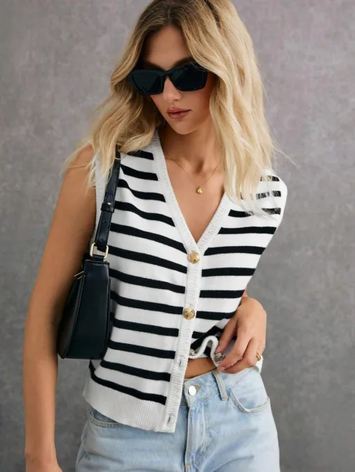 Poéselle Women Casual Striped Pattern Sleeveless Cardigan Sweater Winter Women Outfits Women Cardigan Stripe Effortless Chic Essential