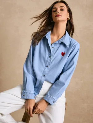 Poéselle Heart Shaped Loose Denim Long Sleeve Casual Shirt Spring Break Outfits