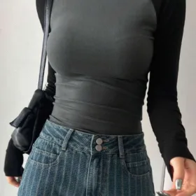 Strévra Women's Spring/Summer Slim Fit Long Sleeve Color Block Shoulder Insert T-Shirt Y2k