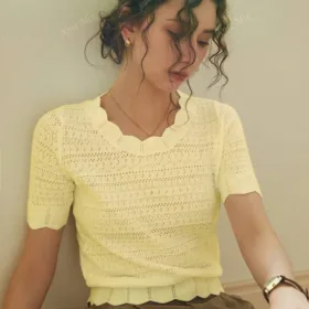 Knit Mix Lace Trim Round Neck Hollow Out Short Sleeve Regular Fit T-Shirt For Petite Women, Solid Color, Casual/Work, Spring & Summer Butter Yellow