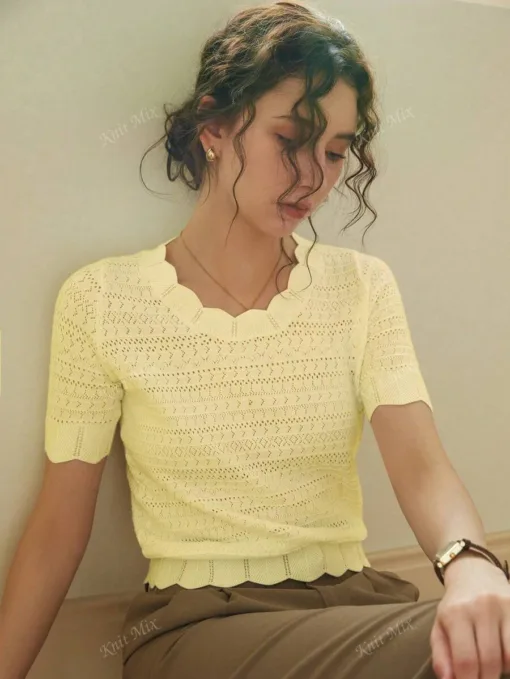 Knit Mix Lace Trim Round Neck Hollow Out Short Sleeve Regular Fit T-Shirt For Petite Women, Solid Color, Casual/Work, Spring & Summer Butter Yellow